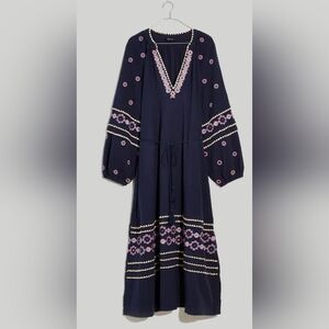 Madewell Navy Floral-Embroidered Midi Dress